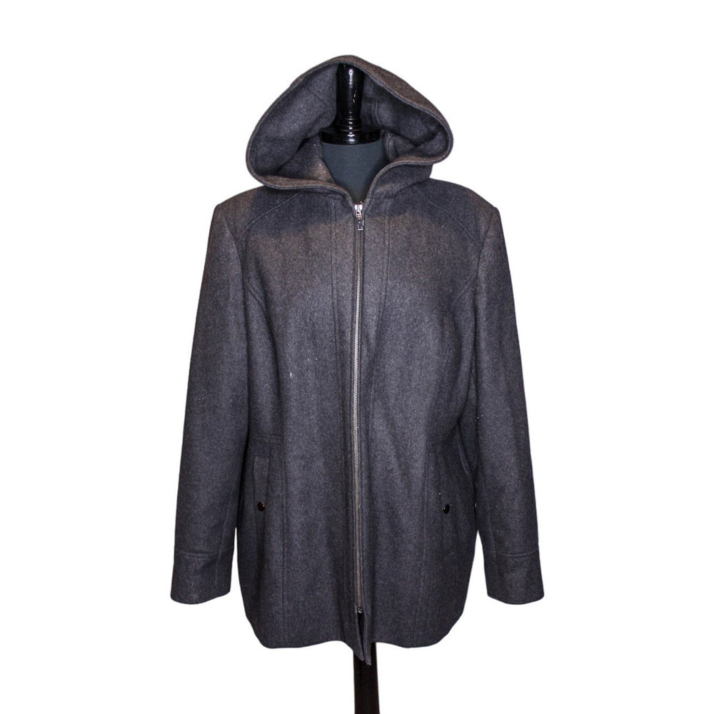London Fog Wool Blend Coat Full Zip Hood Gray Size XL